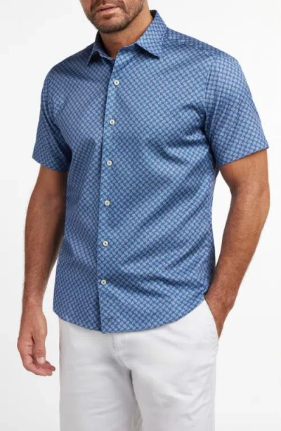 David Donahue Neat Print Short Sleeve Cotton Button-up Shirt In Blue