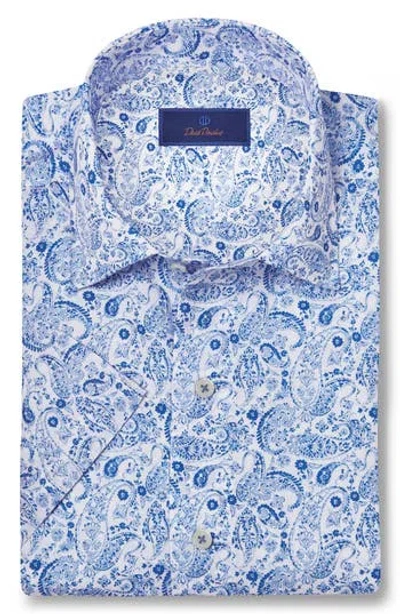 David Donahue Paisley Performance Stretch Short Sleeve Sport Shirt In White/blue