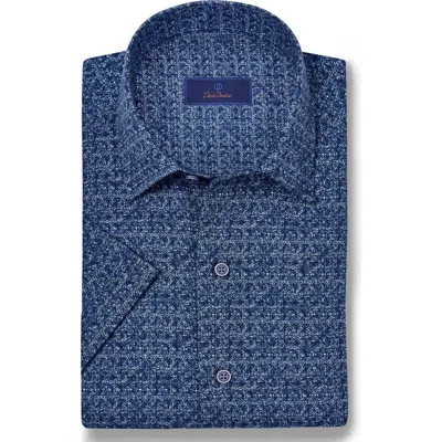 David Donahue Texture Print Short Sleeve Linen & Cotton Shirt In Navy