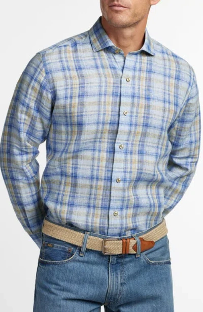 David Donahue Plaid Linen Button-up Shirt In Blue