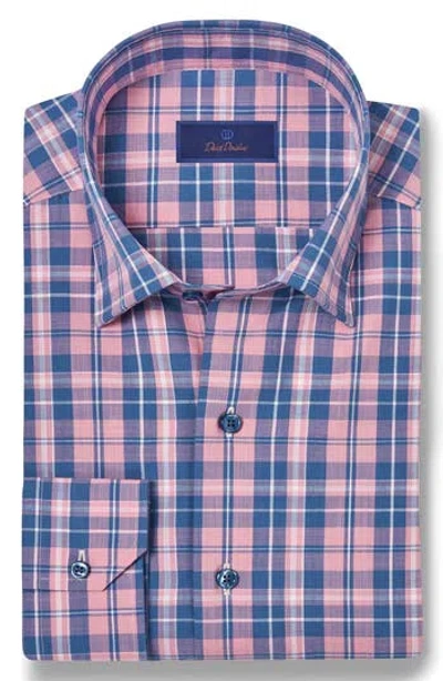 David Donahue Plaid Pima Cotton Dobby Dress Shirt In Denim/pink