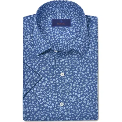 David Donahue Short Sleeve Linen & Cotton Sport Shirt In Navy/sky