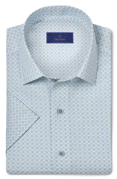 David Donahue Print Casual Short Sleeve Linen & Cotton Button-up Shirt In Sky/grass