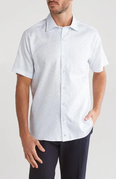 David Donahue Print Cotton Short Sleeve Button-up Shirt In White/blue