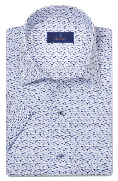David Donahue Starfish Print Short Sleeve Linen & Cotton Button-up Shirt In White Blue