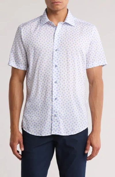 David Donahue Print Short Sleeve Sport Shirt In White/blue