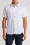 David Donahue Print Short Sleeve Sport Shirt In White
