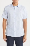 David Donahue Print Short Sleeve Sport Shirt In Blue