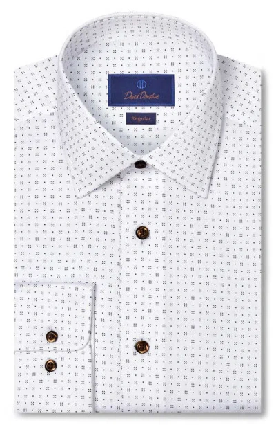 David Donahue Regular Fit Neat Print Cotton Herringbone Dress Shirt In White