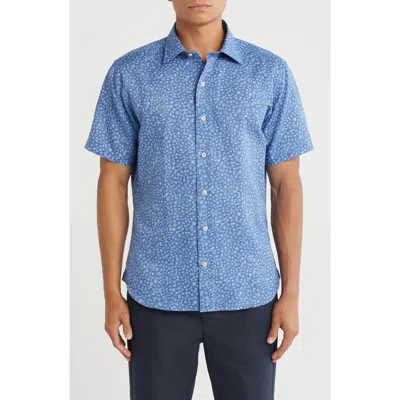 David Donahue Short Sleeve Linen & Cotton Sport Shirt In Blue