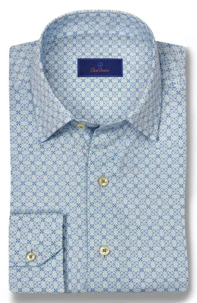 David Donahue Spread Collar Floral Cotton Sport Shirt In Sky/grass