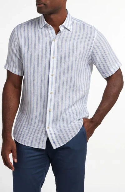 David Donahue Stripe Short Sleeve Slub Linen Button-up Shirt In Blue