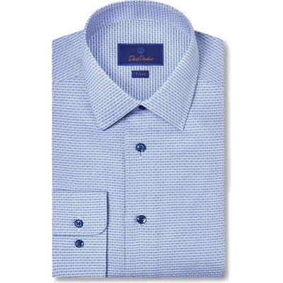 David Donahue Trim Fit Blue Geometric Pattern Cotton Dobby Dress Shirt