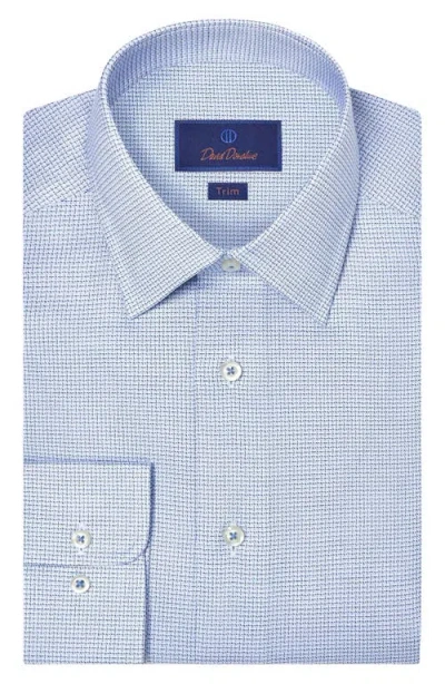 David Donahue Trim Fit Light Light Blue Microcheck Stretch Cotton Twill Dress Shirt