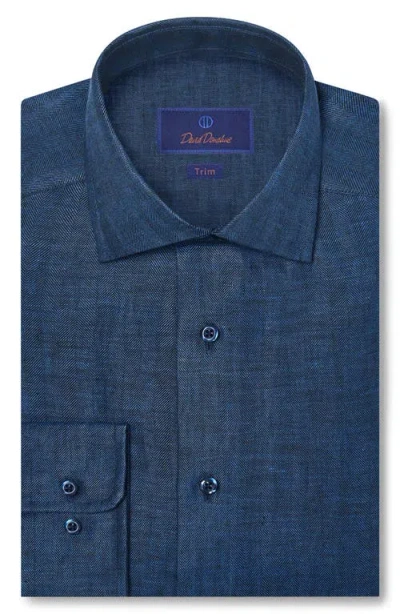 David Donahue Trim Fit Linen Herringbone Dress Shirt In Blue