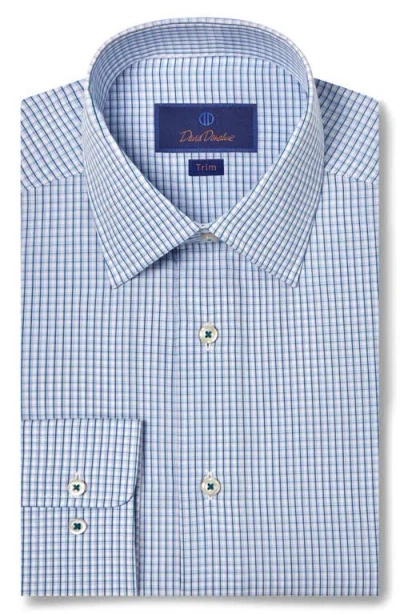 David Donahue Trim Fit Microcheck Cotton Poplin Dress Shirt In White/ Ocean