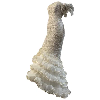 Pre-owned David Fielden 1988  Ribbon Embroidered Lace Fishtail Gown W/ Ruffled Train In Gray