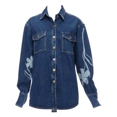 Pre-owned David Koma 2022 Blue Organic Cotton Floral Silver Logo Button Shirt Uk6 Xs