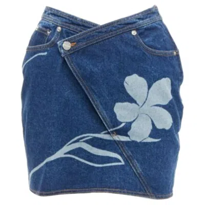 Pre-owned David Koma 2022 Blue Organic Cotton Floral Silver Logo Button Skirt Uk6 Xs