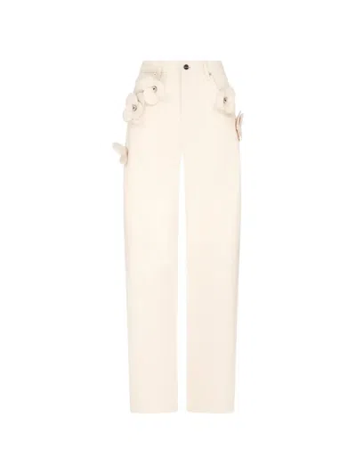 David Koma 3d Flower Cotton Denim Trousers In Neutral