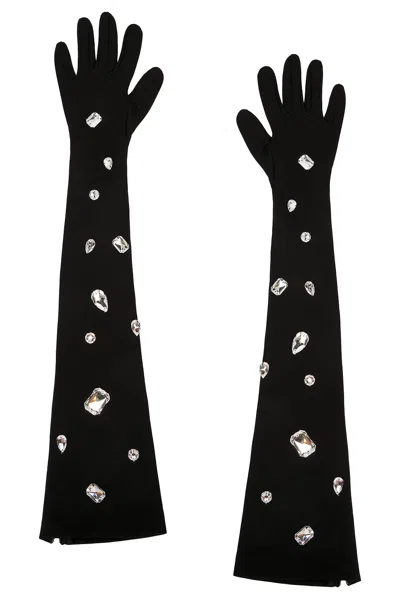 David Koma All Over Crystal Embroidered Long Gloves In Black