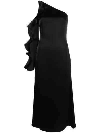 DAVID KOMA ASYMMETRIC RUFFLE-TRIM SATIN DRESS