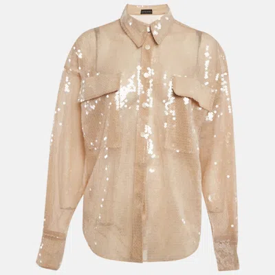 Pre-owned David Koma Beige Sequin Sheer Oversized Shirt S In Sand
