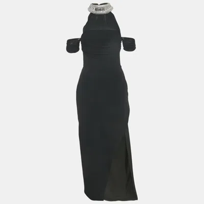 Pre-owned David Koma Black Crepe Embellished Neck Dress S