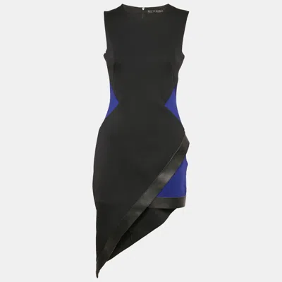 Pre-owned David Koma Black Jersey Panel Detail Leather Trimmed Asymmetric Dress L