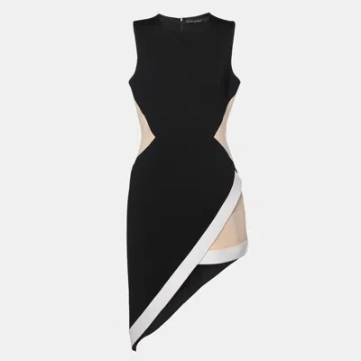 Pre-owned David Koma Black/beige Stretch Satin Asymmetric Dress L