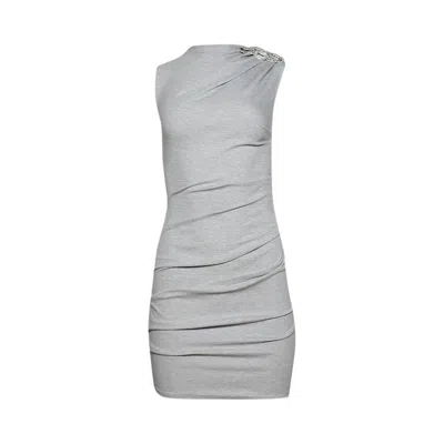 Pre-owned David Koma Crystal Brooch Ember Detail Ruched Mini Dress 'grey/silver' | Women's Size 8 In Gray