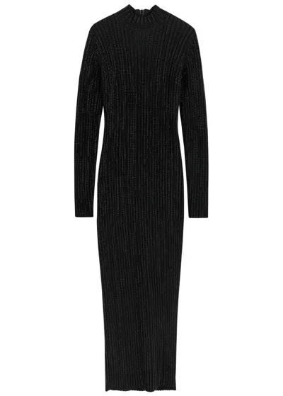 David Koma Crystal-embellished Ribbed Cotton Maxi Dress In Black