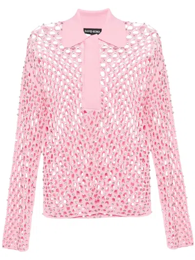David Koma Crystal-embroidered Net Top In Pink