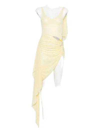 David Koma Crystal-hummingbird Draped Asymmetric Dress In Neutral