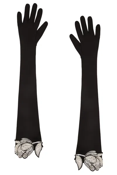 David Koma Crystal Rose Flower Gloves In Black & Silver