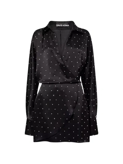 David Koma Crystal-embellished Wrap Shirt Mini Dress In Black