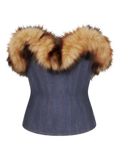 David Koma Detachable Faux-fur-trim Corset Top In Blue