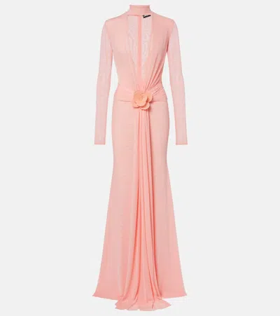 David Koma Draped Floral-appliqué Mesh Gown In Orange