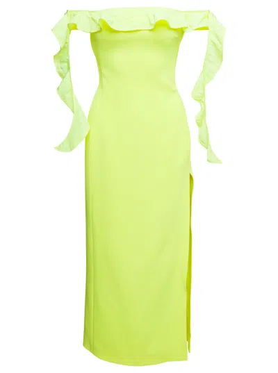 David Koma Split Long Sheath Dress With Ruffle Detail In Yellow