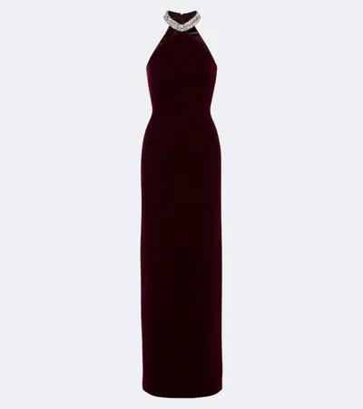 David Koma Embellished Halterneck Velvet Gown In Burgundy