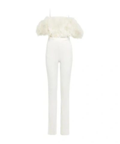 David Koma Feather-trimmed Cady Jumpsuit In White