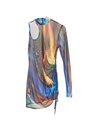 Pre-owned David Koma Flame-print Ruched Mini Dress In Blue