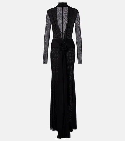 David Koma Floral-appliqué Mesh Gown In Black