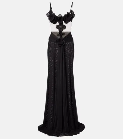 David Koma Floral-appliqué Mesh Gown In Black