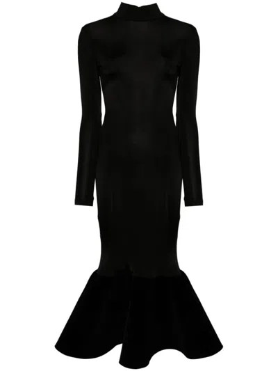 DAVID KOMA DAVID KOMA FLOUNCE VELVET HEM LONG SLEEVE MIDI DRESS