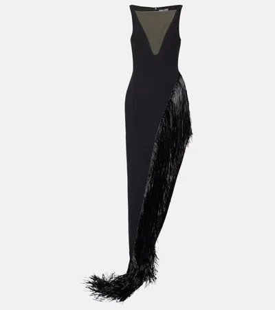David Koma Fringed Asymmetric Cady Gown In Black