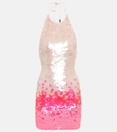 David Koma Gradient Sequined Halter Minidress In Neon Pink