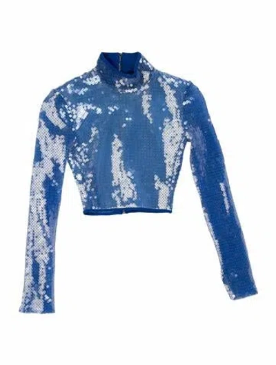 Pre-owned David Koma Graphic Print Mock Neck Crop Top In Blue