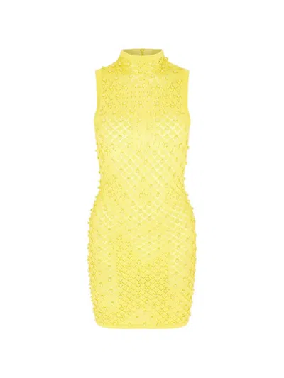 David Koma High-neck Beaded Mini Dress In Yellow