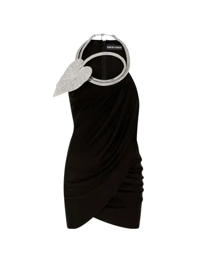 David Koma Leaf-embellished Draped Mini Dress In Black